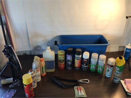 Garage bucket with fluids and sprays