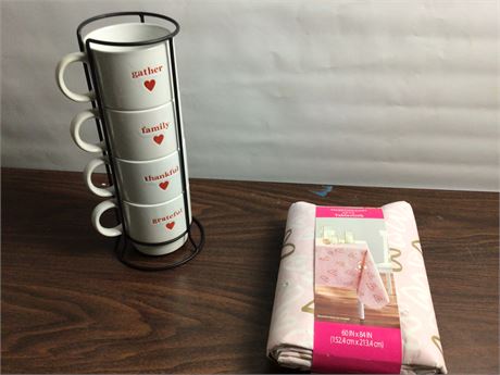 Valentines stackable mugs and table cloth